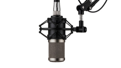 Professional studio condenser microphone with shock mount on adjustable boom arm, isolated on transparent background © Niamh