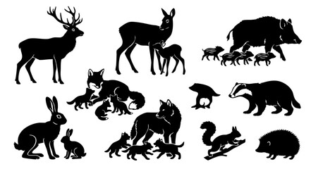 Obraz premium Forest Fauna Collection: A diverse collection of forest animal silhouettes, including a stag, doe with fawn, boar with piglets, fox with cubs, wolf with pups, rabbit, squirrel, hedgehog, and badger.