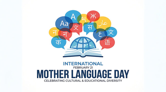 International mother language day concept with speech bubbles globe and open book