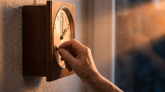 Horizontal close up of an older hand setting the time on a vintage wooden wall clock near a bright window, passing time concept