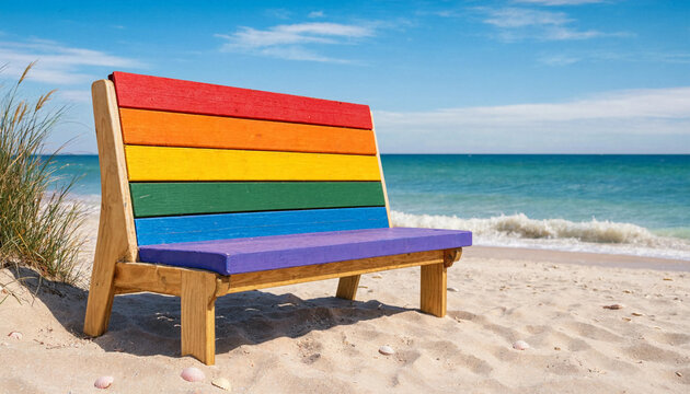 A vibrant rainbow colored wooden bench sitting on a sandy tropical beach near the ocean