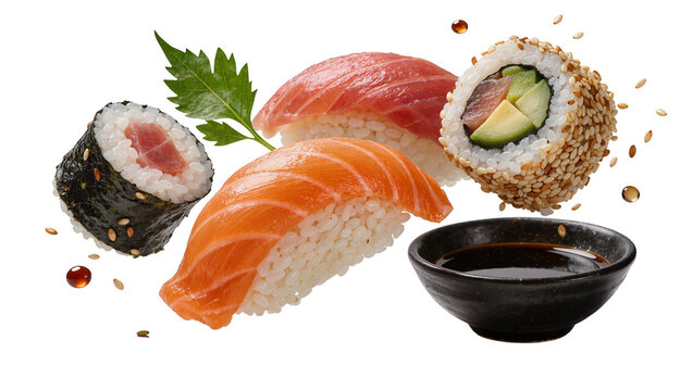 Assortment of fresh sushi rolls and nigiri with soy sauce dish, isolated on transparent background