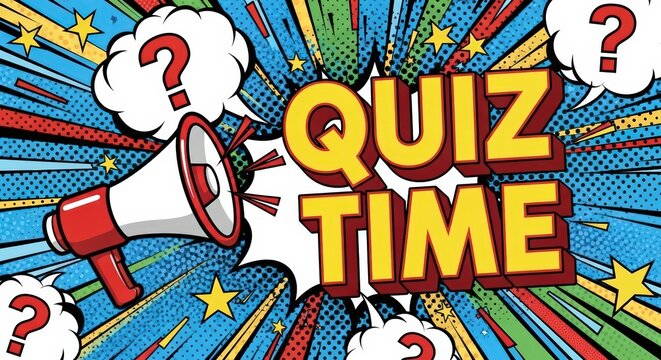 Quiz time text banner with megaphone and question marks in pop art comic style