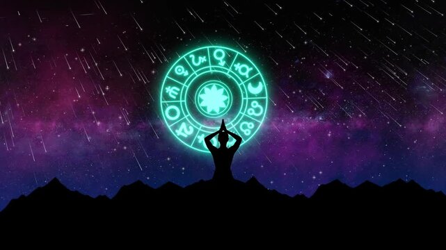 Silhouette Of A Person Meditating In Yoga Pose On Mountain Top Under A Glowing Teal Astrological Zodiac Wheel Sign Floating In Night Sky Filled With Purple Nebula Milky Way And Falling Shooting Stars 