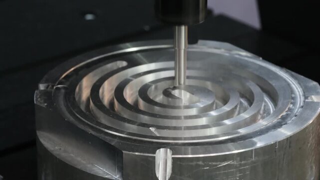 Close-up of precision metalworking machine. Cylindrical metal workpiece rotates inside  machine. Tool bit hovers above workpiece for machining. tech industrial technology background