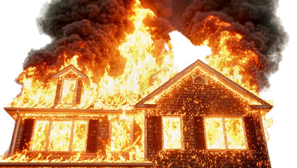Residential house engulfed in intense flames and thick black smoke, isolated on transparent background © Niamh