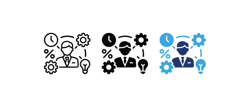 Skills manager multitasking project expertise businessman clock gear idea icon set. Vector illustration