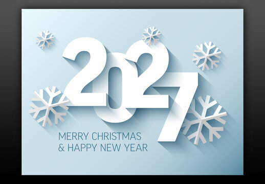 Happy New Year 2027 and Merry Christmas card template with paper snowflakes
