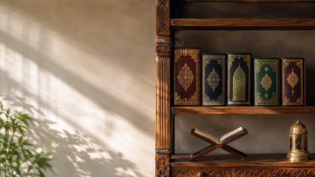 Islamic holy books on wooden shelf with open Quran stand and lantern in peaceful home prayer interior setting