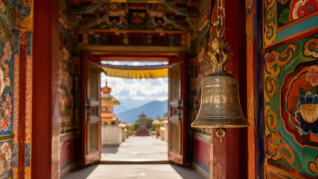 Tibetan prayer bell hanging at colorful Buddhist monastery entrance with mountain landscape and sacred temple view