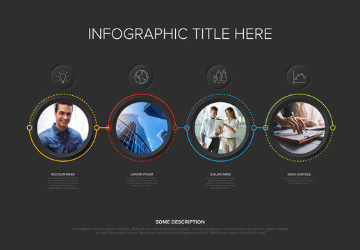 Dark Business Infographic Template with Four Steps and Photo Placeholders