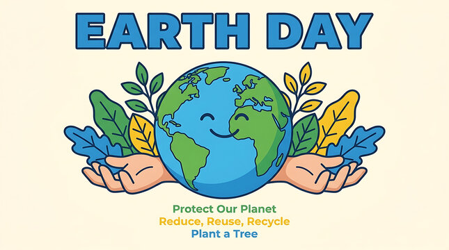 Earth day concept with human hands holding cute smiling globe and green leaves, protect our planet