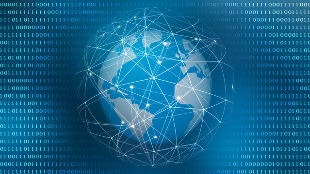 earth globe in a digital sphere from nodes and lines isolated on blue binary code background, illustration concept for digitization, tokenization, big data, ai and virtual reality