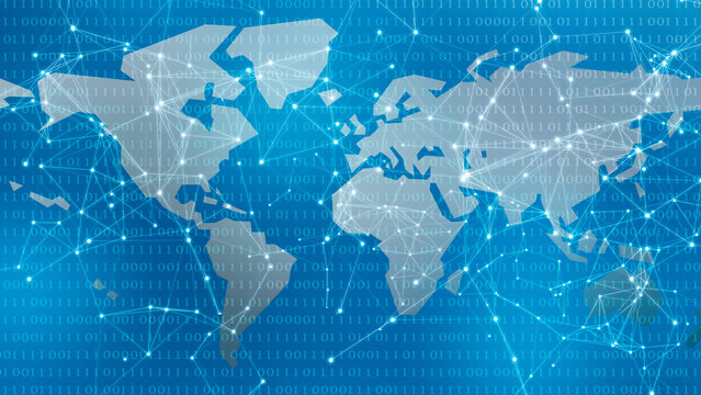 world map with a grid from nodes and lines isolated on blue binary code background, illustration concept for digitization, tokenization, big data, ai, connectivity and virtual reality