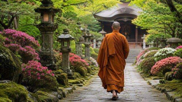 Buddhist monk walking through tranquil temple garden toward shrine surrounded by lush greenery and blossoms