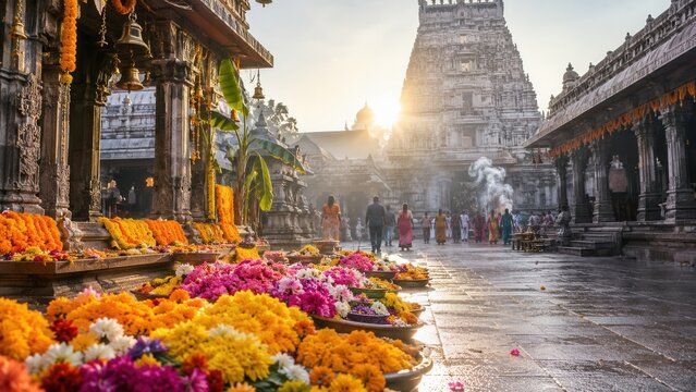 Vibrant Hindu temple courtyard with colorful flower offerings during morning worship and sacred festival rituals