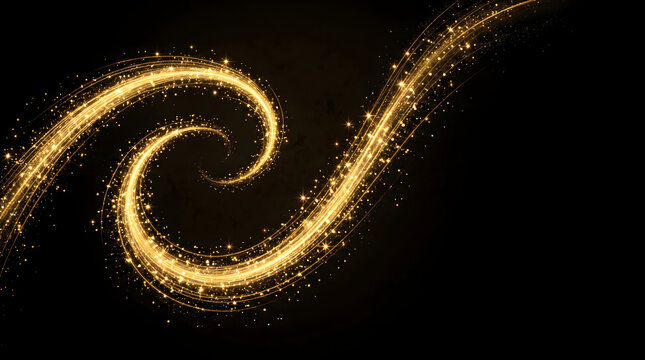 Glowing golden particle swirl and sparkling light trail on dark abstract design, magical magic dust effect for elegant luxury backgrounds and festive celebration cards