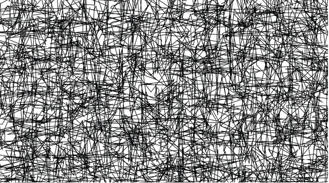 Chaotic black hand-drawn scribble texture creating a dense web of overlapping lines on a clean white background. Abstract vector graphic useful for grunge effects backgrounds and modern design.
