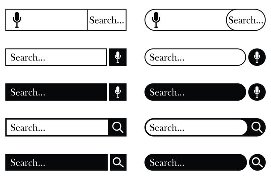 Collection of white and black search bar icons with microphone. Search bar with magnifying glass icons. Set of various shape search bar boxes. Internet browser engine with search box. Vector 