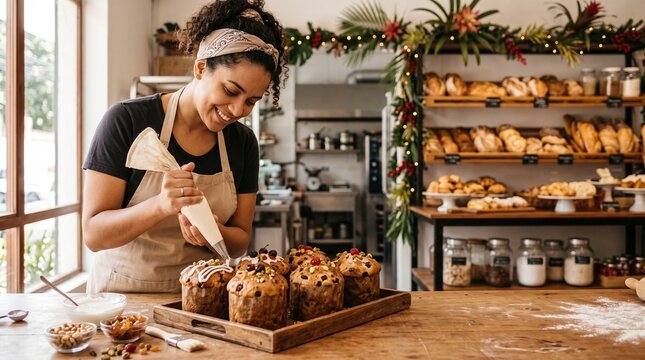 Baker decorating cakes panettones with frosting in a bakery with shelves of bread