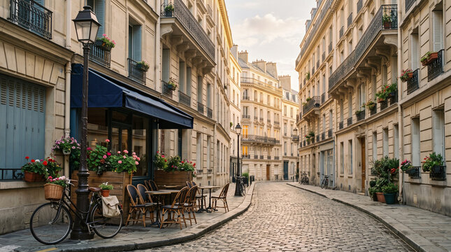 charming parisian street cafe in morning light with bicycle cobblestone road and haussmann buildings