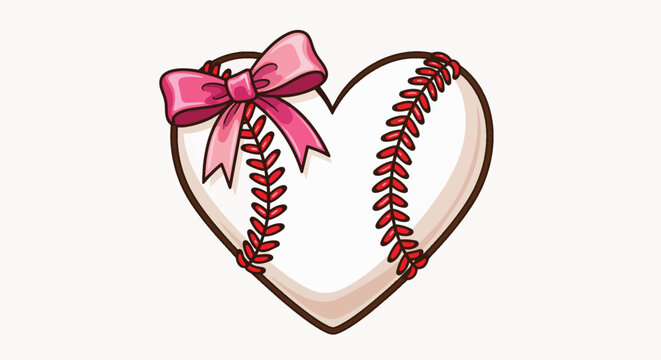 Whimsical stitched baseball heart with pink ribbon bow, concept for romantic sports merchandise, wedding favors and fan-themed event branding