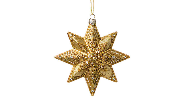 A sparkling golden star shaped christmas tree ornament hanging from a string isolated on transparent background for holiday season decoration