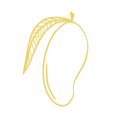 Minimalist yellow line art illustration of a single mango fruit with a leaf isolated on a solid transparent background © Atheefa