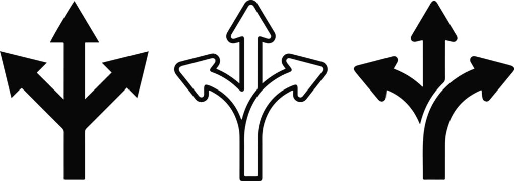 Black and white directional split arrows indicating choices and alternative paths forward with choice sign path selection decision making alternative way arrow fork