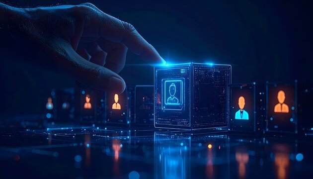 Hand interacting with a glowing digital employee profile block surrounded by personnel icons, representing recruitment technology, candidate selection, workforce management and HR analytics.