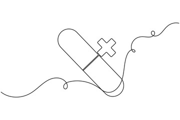 Obraz premium Medical service capsule pill with a cross icon sign continuous one line art drawing on white background minimalist emergency treatment of patient relief symbol editable outline vector illustration