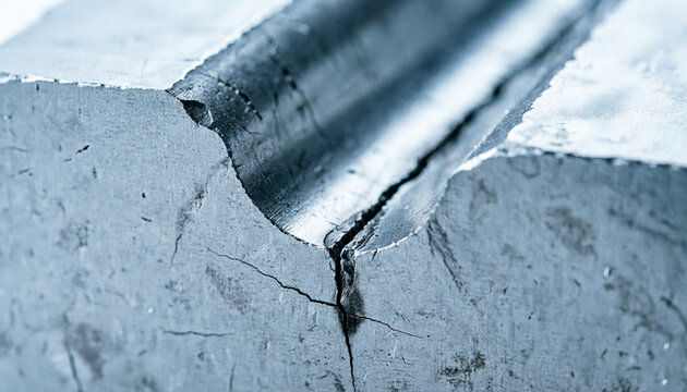Extreme close-up of a hairline fatigue crack at the root notch of a machined steel pipe thread, industrial macro photography, structural failure science