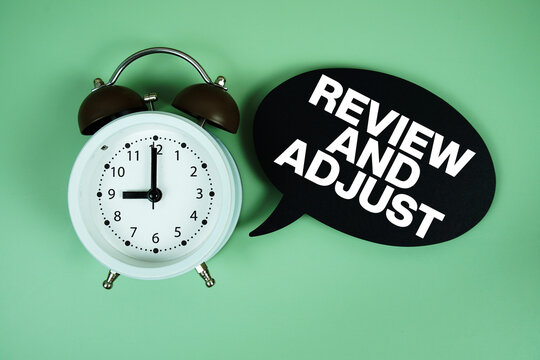 Review and Adjust text on speech bubble with alarm clock on green background