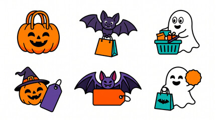 Fototapeta premium Halloween shopping icons set with cute pumpkin, bat, and ghost characters carrying bags and baskets.