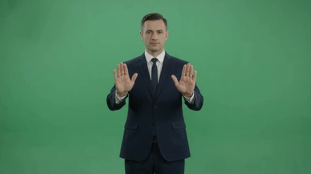 Businessman making stop gesture with hands in front of green screen