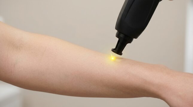 Dermatologist using laser pen for mole removal treatment on arm concept
