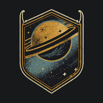 Planet with rings inside a crest emblem on transparent alpha, suitable for space exploration, science fiction and cosmic themes.
