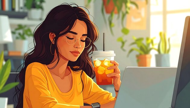 Woman enjoying a refreshing orange juice indoors.