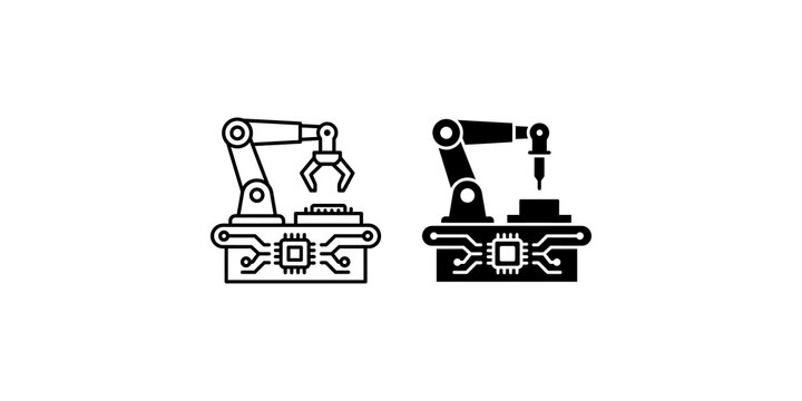 Industrial robotic arm manufacturing line with electronic circuit board icons for factory automation concepts.