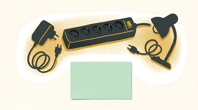 Electrical power strip with multiple outlets, a black power adapter, a small desk lamp, and a light green rectangular card on a beige background