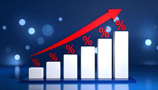 Clean financial illustration of ascending white columns, red percentage symbols, and a large upward arrow, representing higher rates, investment growth, business success, and market trends.
