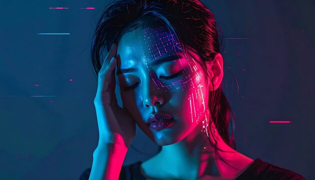 Young woman with pink hair in neon club lighting.