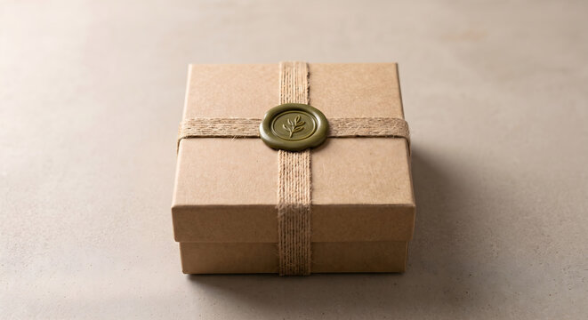 Horizontal close-up of a craft cardboard gift box tied with ribbon and sealed with a wax seal on a neutral background, packaging and vintage present concept