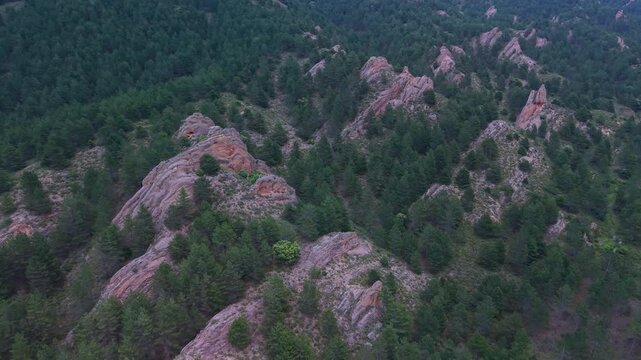 Aerial drone view of the pine forests and crags in Muro de Aguas, in the Arnedo region. Eastern Rioja or Lower Rioja. Autonomous Community of La Rioja. Spain. Europe