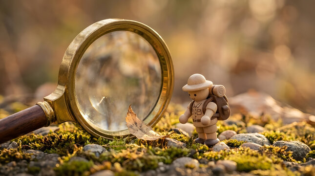 Toy explorer figure with magnifying glass on mossy ground.