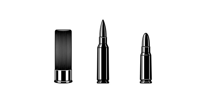 Three black ammunition types for firearms and hunting equipment illustration.