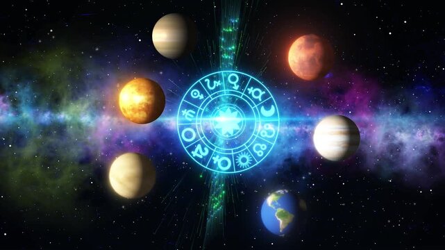 Glowing Astrological Zodiac Wheel With Neon Blue Light Surrounded By Detailed Planets Of The Solar System Against A Cosmic Deep Space Nebula Background Filled With Shining Stars And Mystical Light Bea