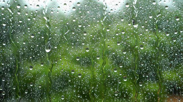 Raindrops sliding down a glass window pane with a blurred green forest in the background with trickling down transparent water droplets trickling surface during rainstorm