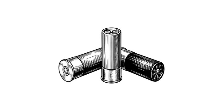 Vintage etched shotgun ammunition shells set for outdoor hunting sports graphics.