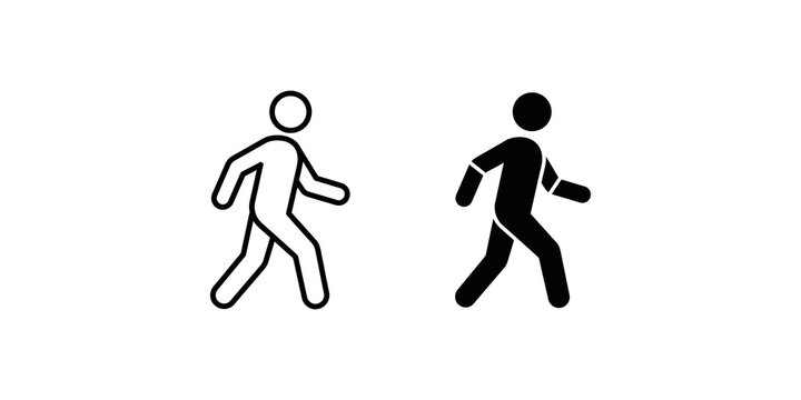 Walking person icons in linear and solid styles for pedestrian navigation and activity tracking.